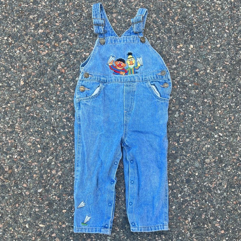 Kids Blue Denim Overalls with Embroidered Characters